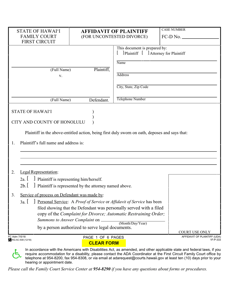 Form 1F-P-333 Affidavit of Plaintiff (For Uncontested Divorce) - Hawaii, Page 1