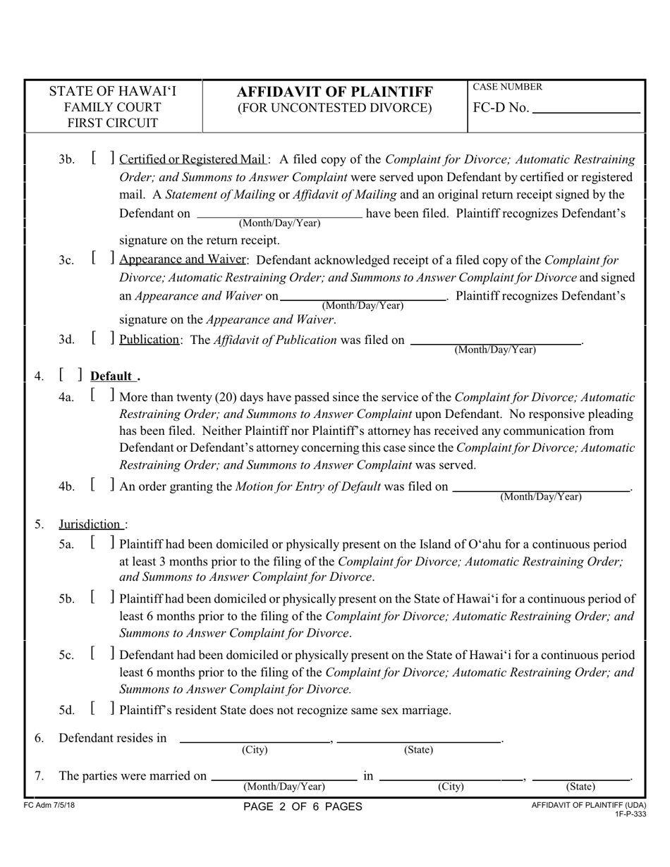 Form 1F-P-333 Affidavit of Plaintiff (For Uncontested Divorce) - Hawaii, Page 2