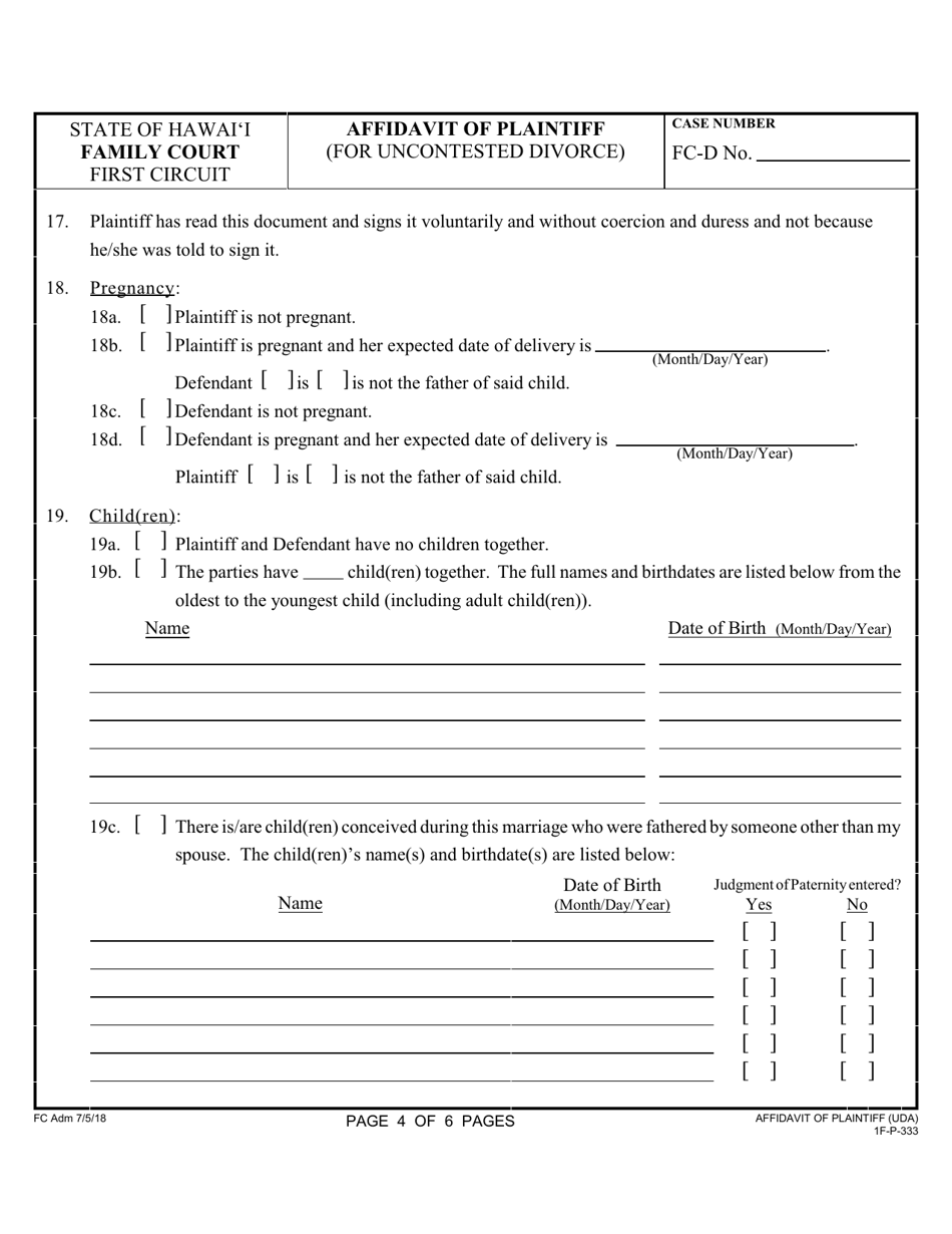 Form 1F-P-333 Affidavit of Plaintiff (For Uncontested Divorce) - Hawaii, Page 4