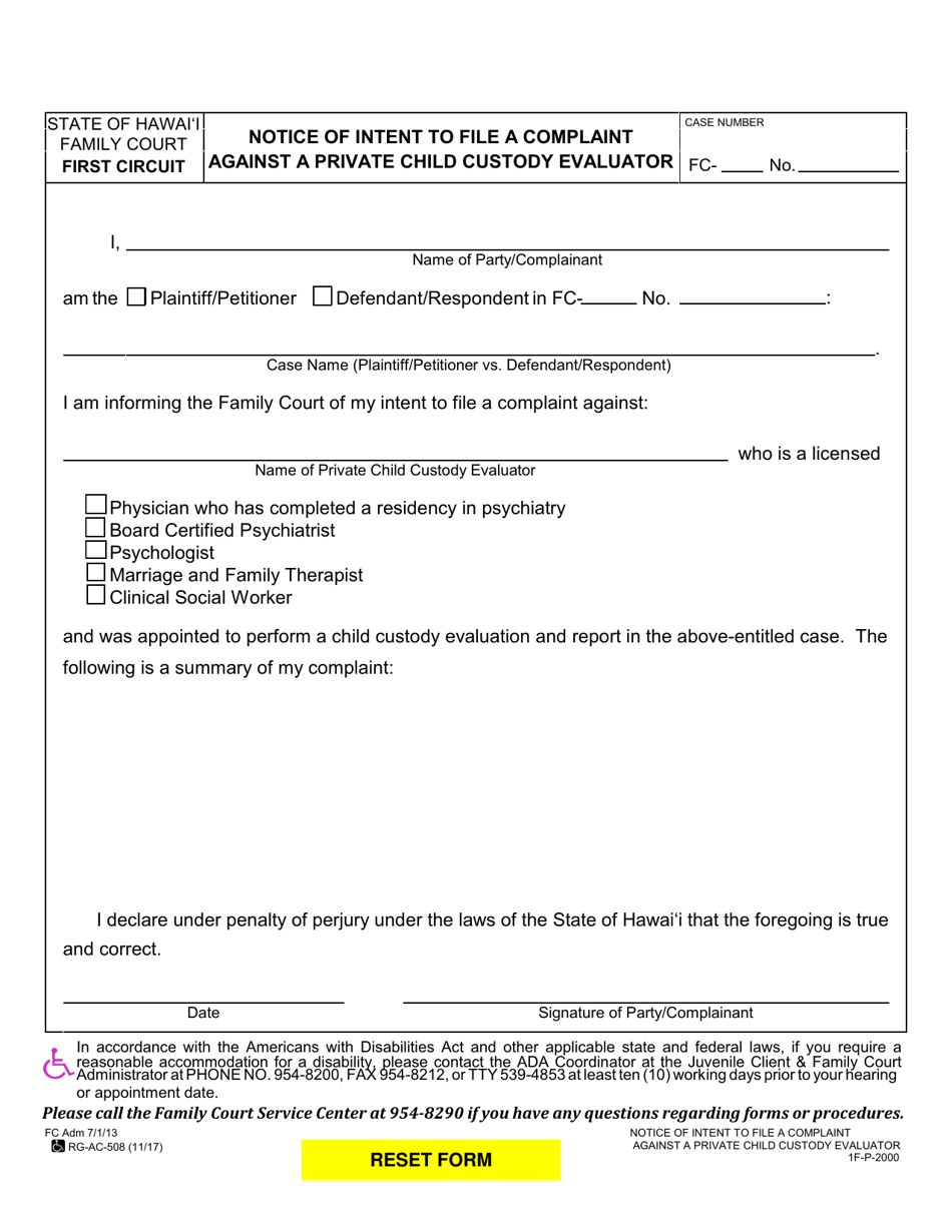 Form 1F-P-2000 Notice of Intent to File a Complaint Against a Private Child Custody Evaluator - Hawaii, Page 1