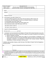 Document preview: Form 1F-P-2002 Declaration of Private Child Custody Evaluator Regarding Qualifications, Contact Information, and Fees - Hawaii