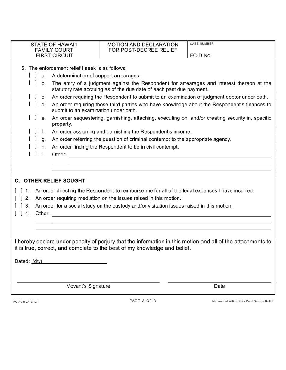Form 1F-P-878 Motion and Declaration for Post-decree Relief - Hawaii, Page 3