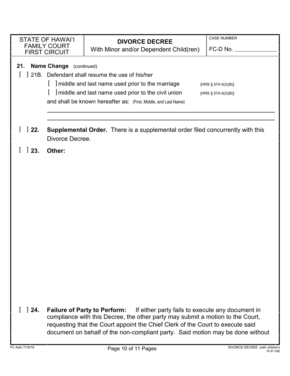 Form 1F-P-746 Divorce Decree With Minor and / or Dependent Child(Ren) - Hawaii, Page 10