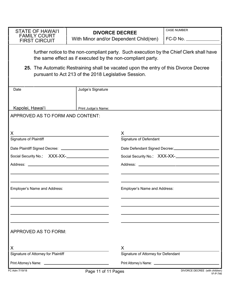 Form 1F-P-746 Divorce Decree With Minor and / or Dependent Child(Ren) - Hawaii, Page 11