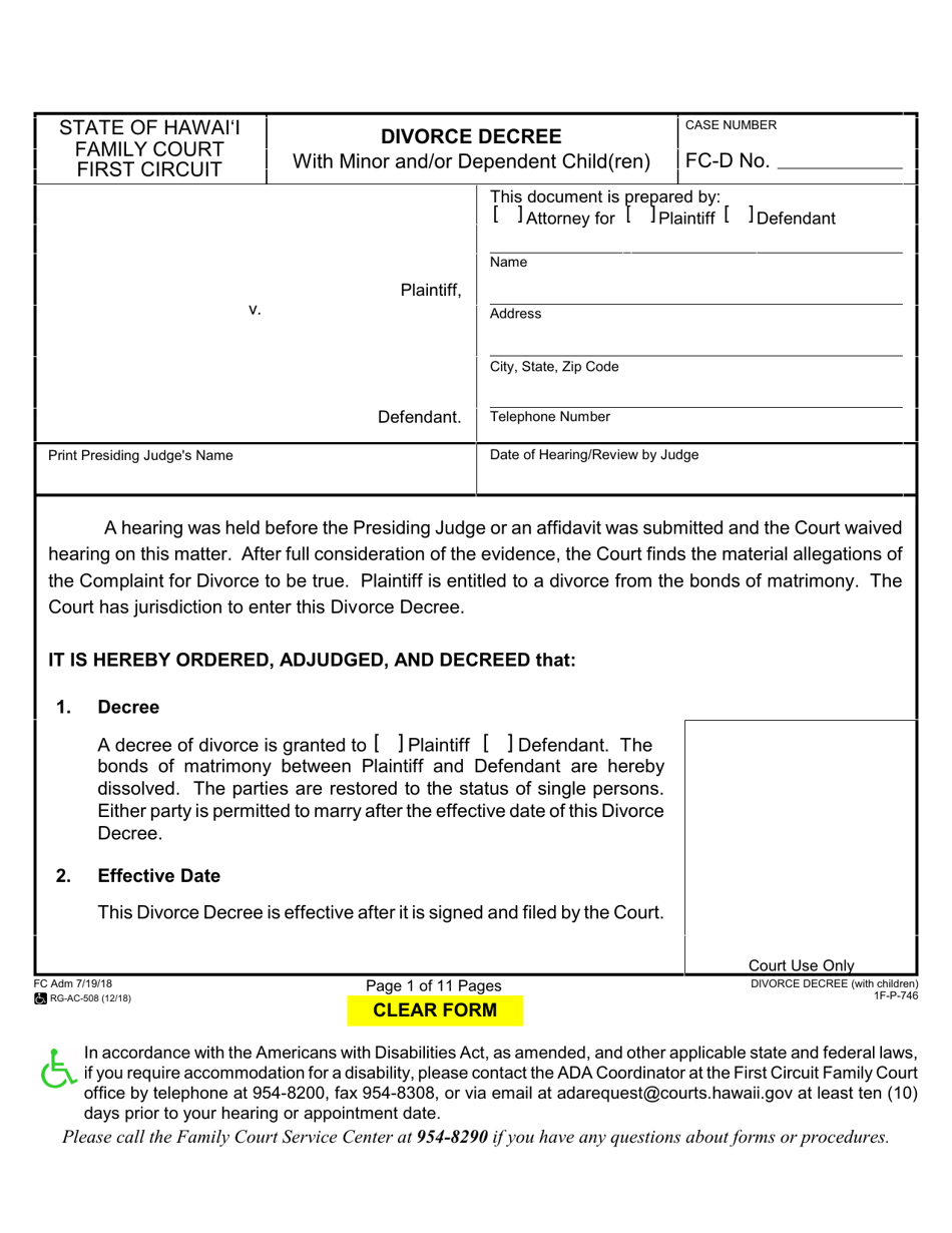 Form 1F-P-746 Divorce Decree With Minor and / or Dependent Child(Ren) - Hawaii, Page 1