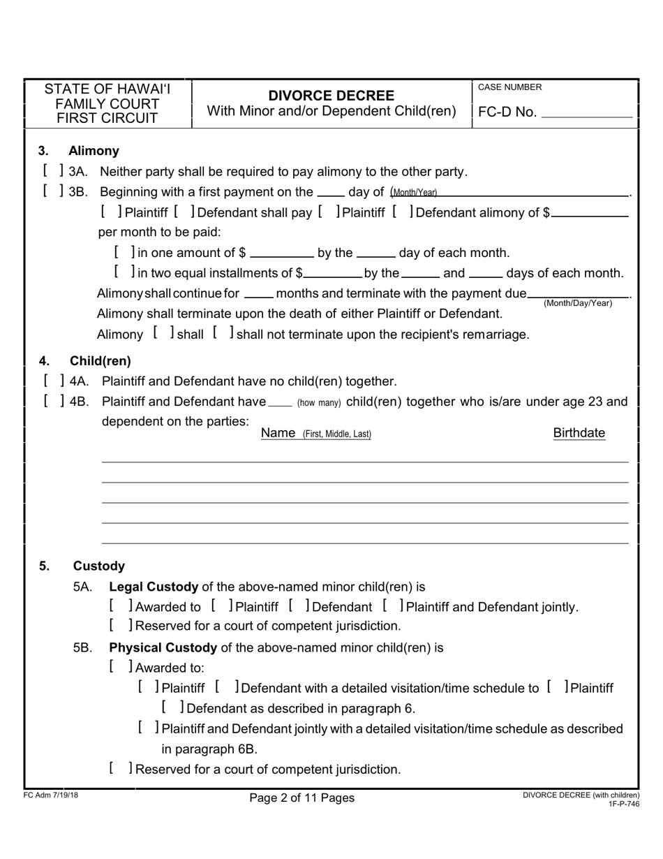 Form 1F-P-746 Divorce Decree With Minor and / or Dependent Child(Ren) - Hawaii, Page 2