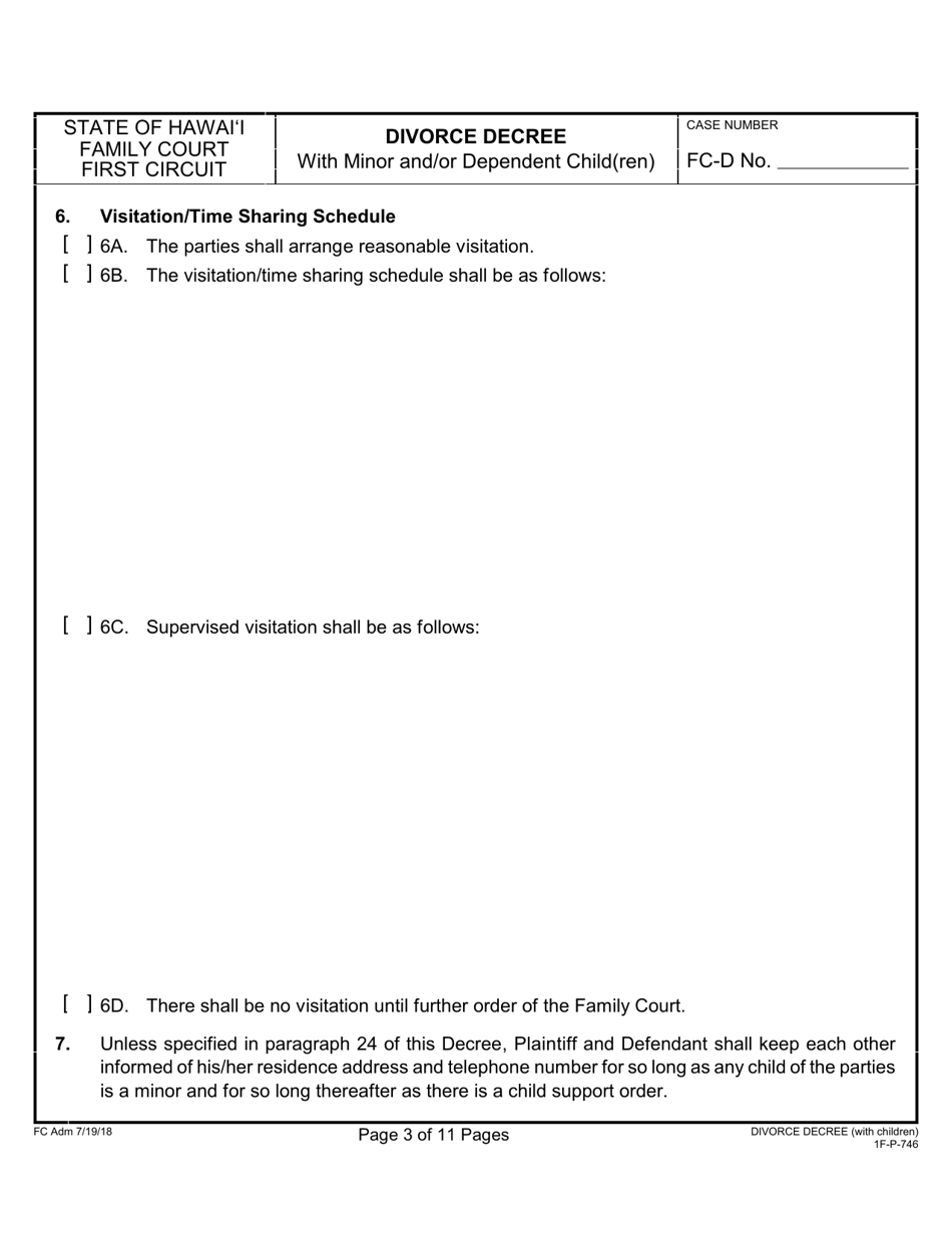 Form 1F-P-746 Divorce Decree With Minor and / or Dependent Child(Ren) - Hawaii, Page 3