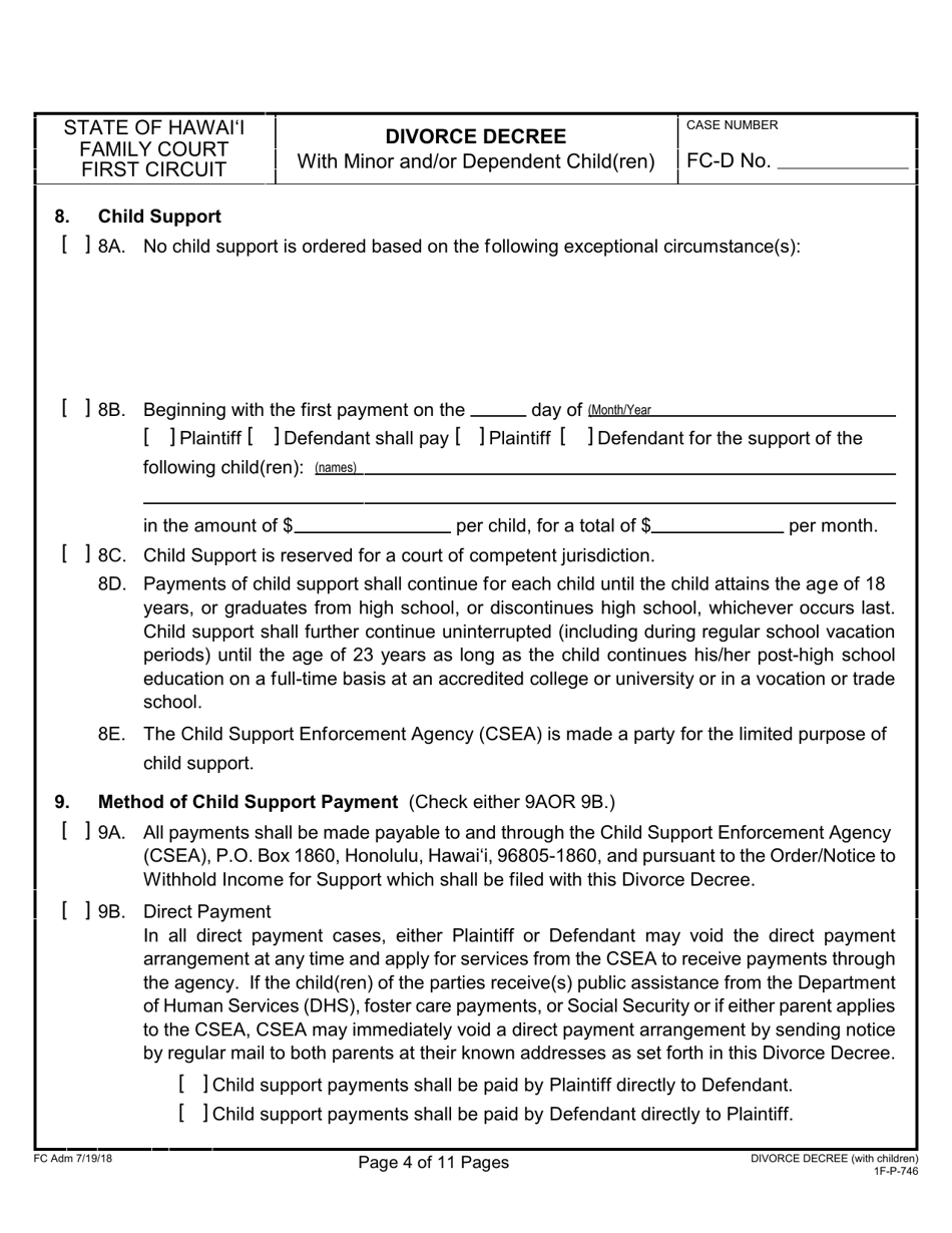 Form 1F-P-746 Divorce Decree With Minor and / or Dependent Child(Ren) - Hawaii, Page 4