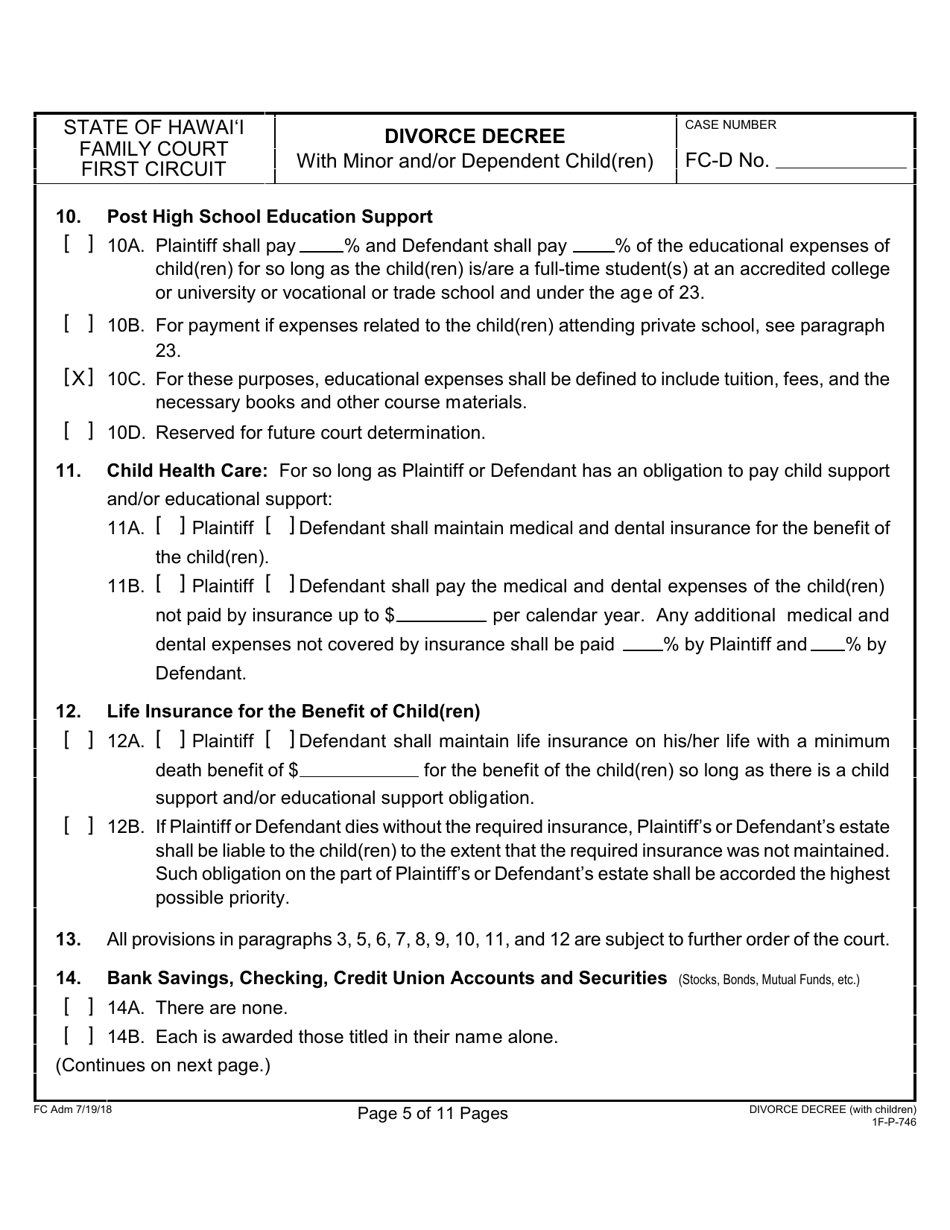 Form 1F-P-746 Divorce Decree With Minor and / or Dependent Child(Ren) - Hawaii, Page 5