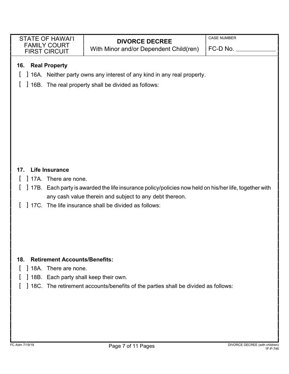 Form 1F-P-746 Divorce Decree With Minor and / or Dependent Child(Ren) - Hawaii, Page 7