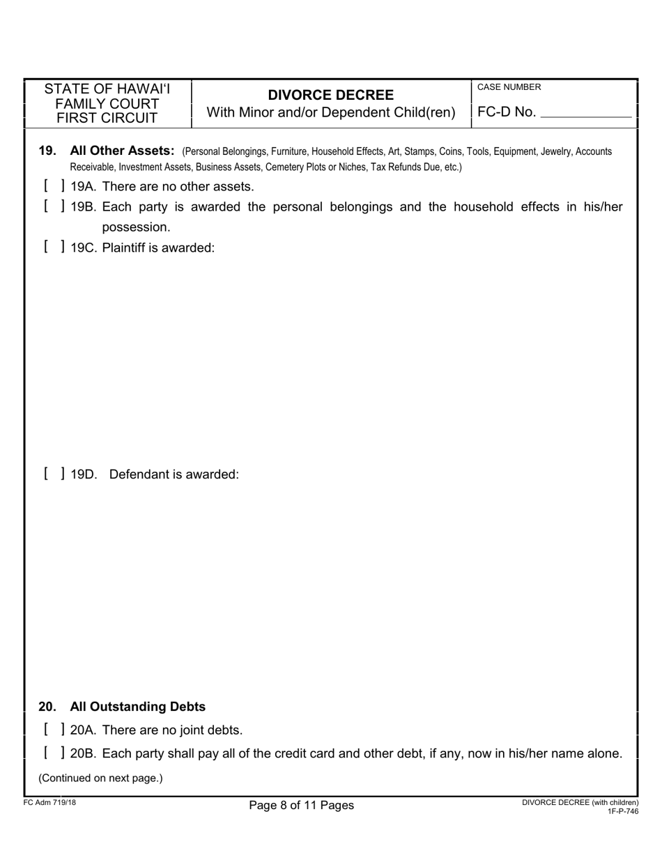 Form 1F-P-746 Divorce Decree With Minor and / or Dependent Child(Ren) - Hawaii, Page 8