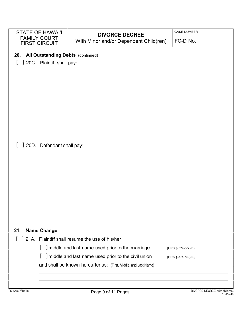 Form 1F-P-746 Divorce Decree With Minor and / or Dependent Child(Ren) - Hawaii, Page 9