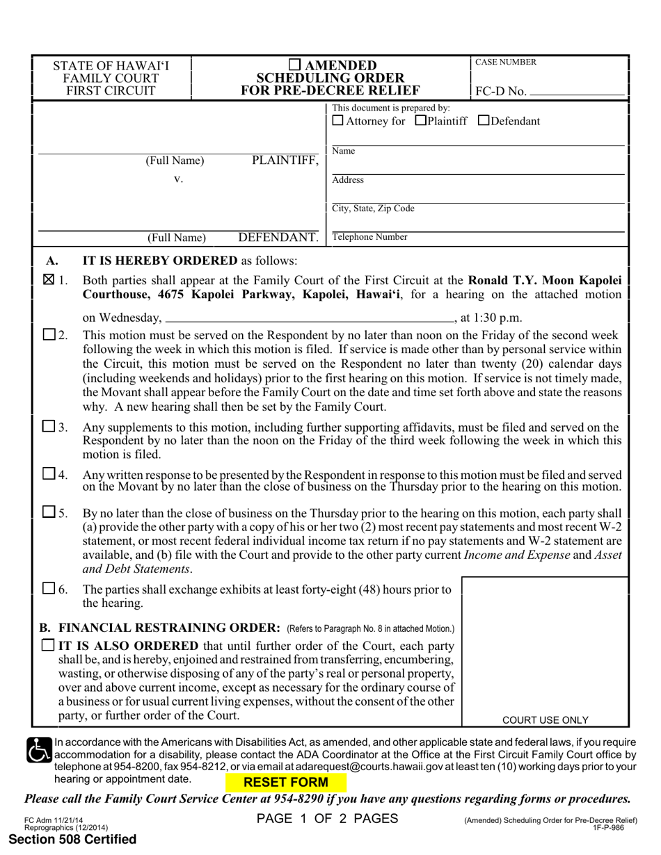 Form 1F-P-986 Scheduling Order for Pre-decree Relief - Hawaii, Page 1