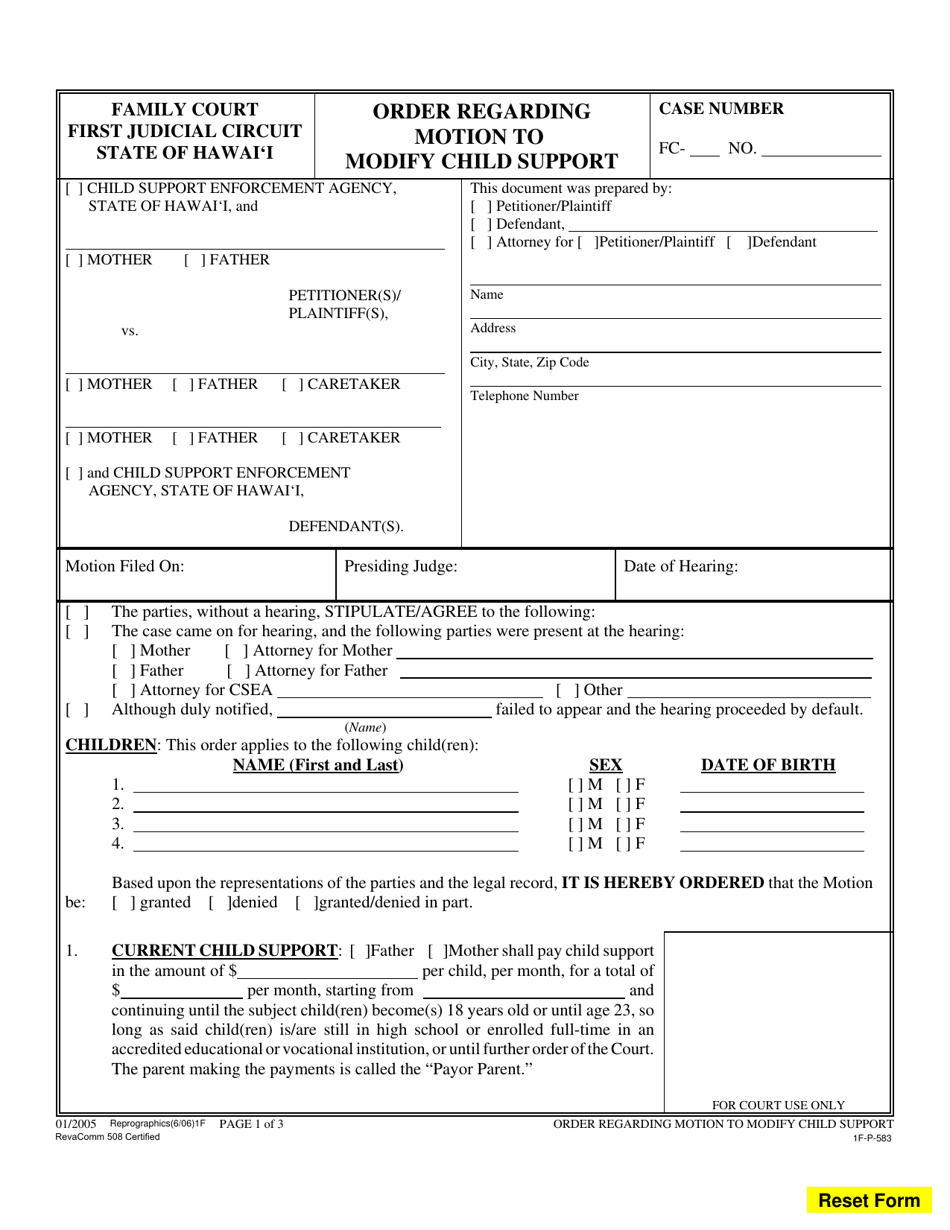 Form 1F-P-583 Order Regarding Motion to Modify Child Support - Hawaii, Page 1