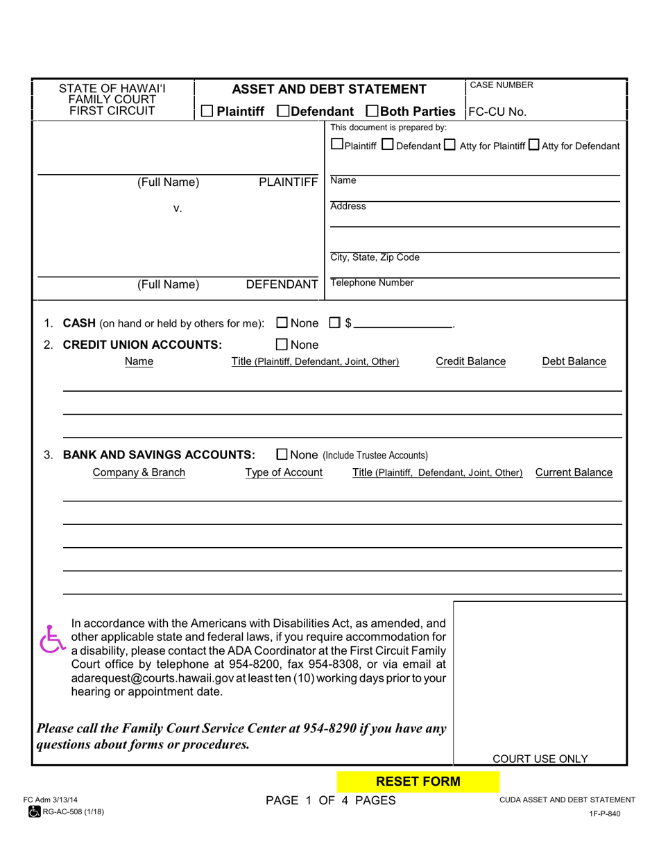 Form 1F-P-840 Asset and Debt Statement - Hawaii, Page 1