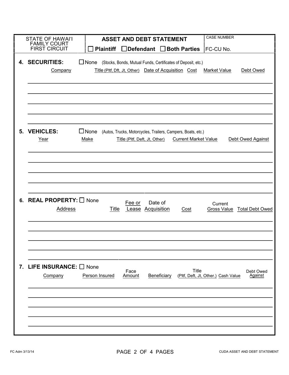 Form 1F-P-840 Asset and Debt Statement - Hawaii, Page 2