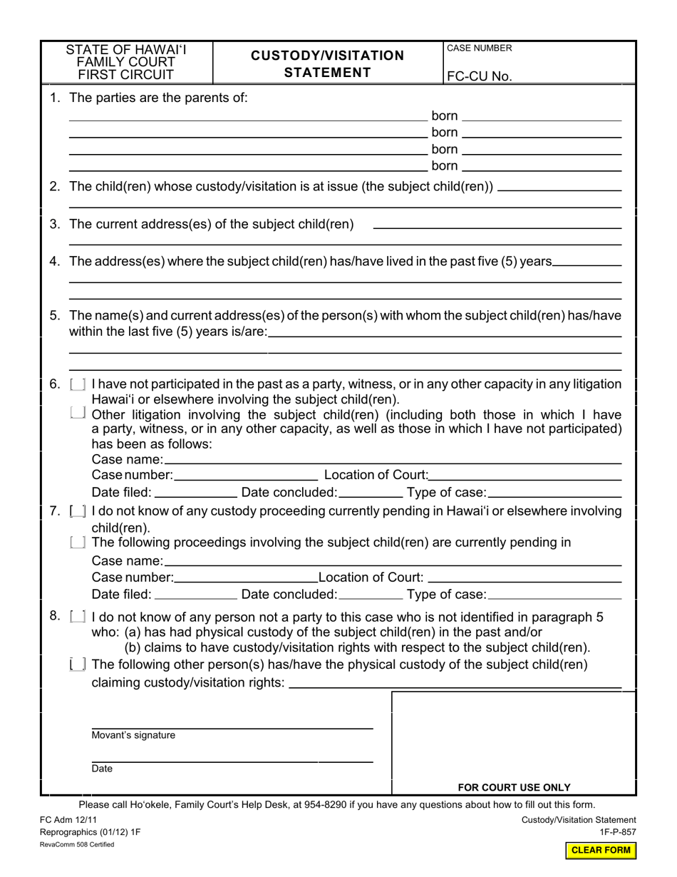 Form 1F-P-857 Custody / Visitation Statement - Hawaii, Page 1