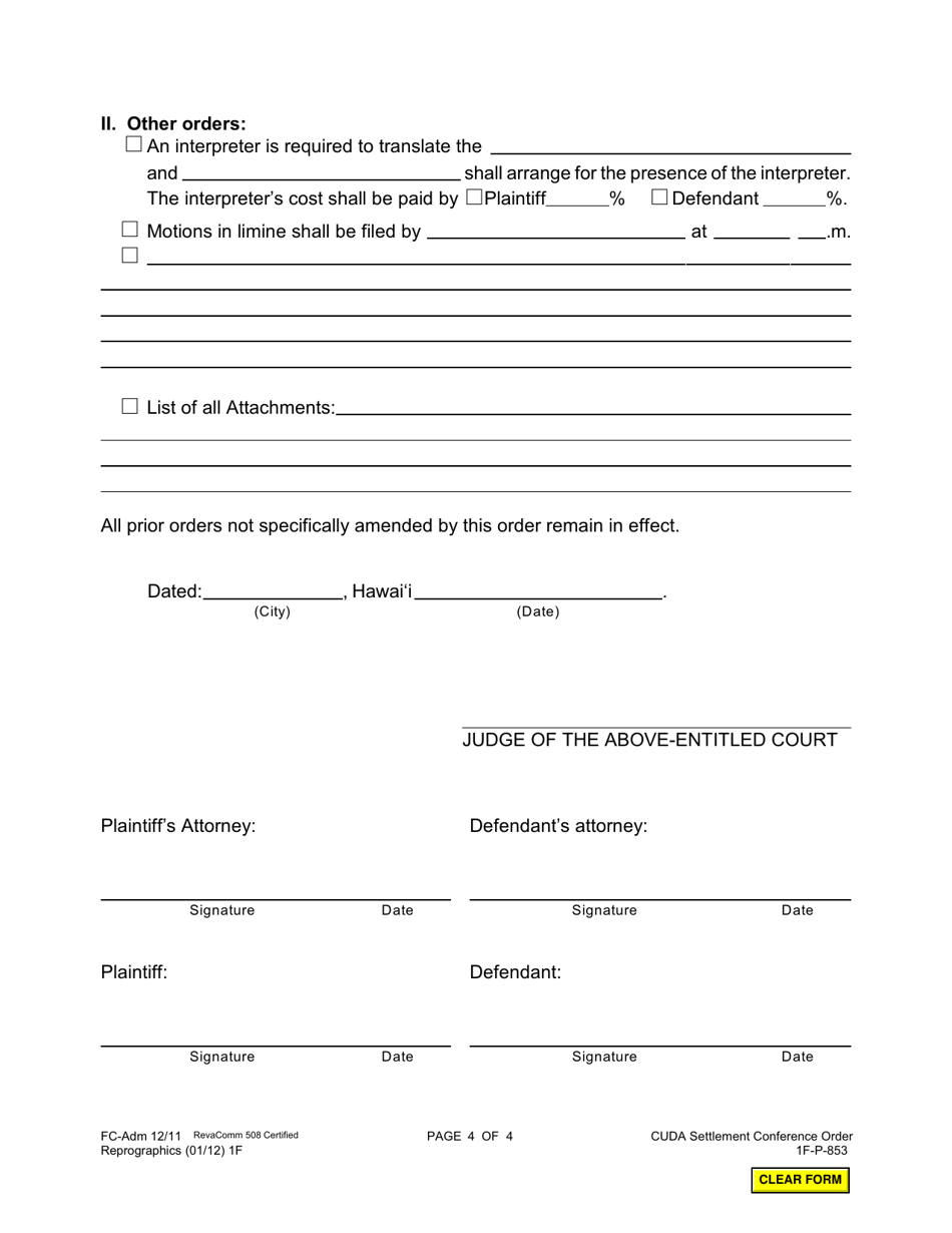 Form 1F-P-853 Settlement Conference Order - Hawaii, Page 4