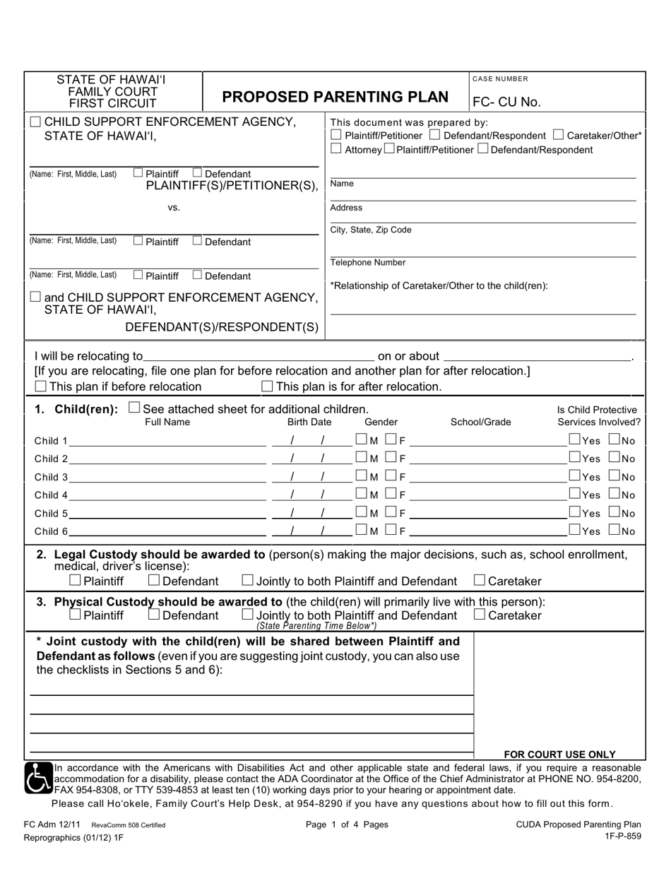 Form 1F-P-859 Proposed Parenting Plan - Hawaii, Page 1
