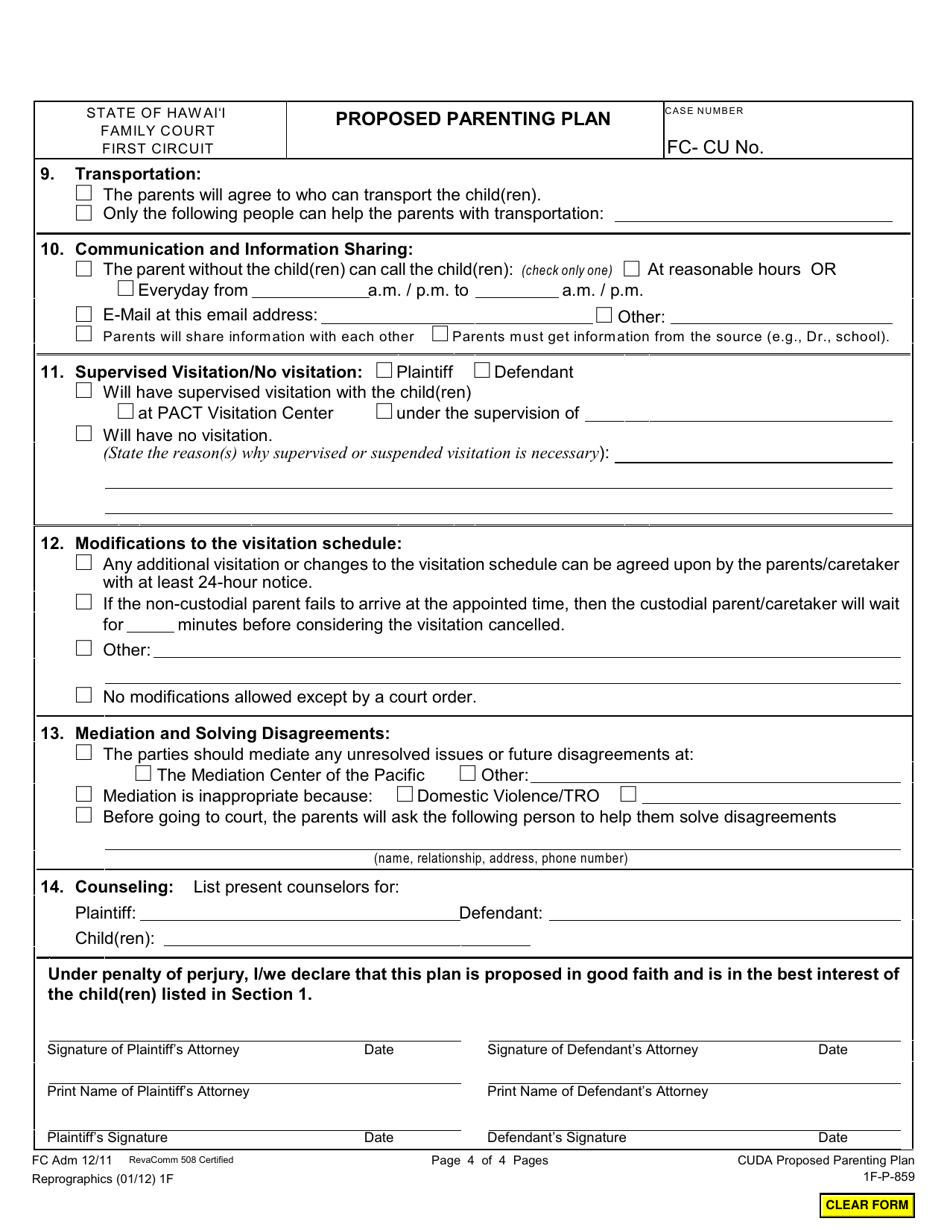 Form 1F-P-859 Proposed Parenting Plan - Hawaii, Page 4