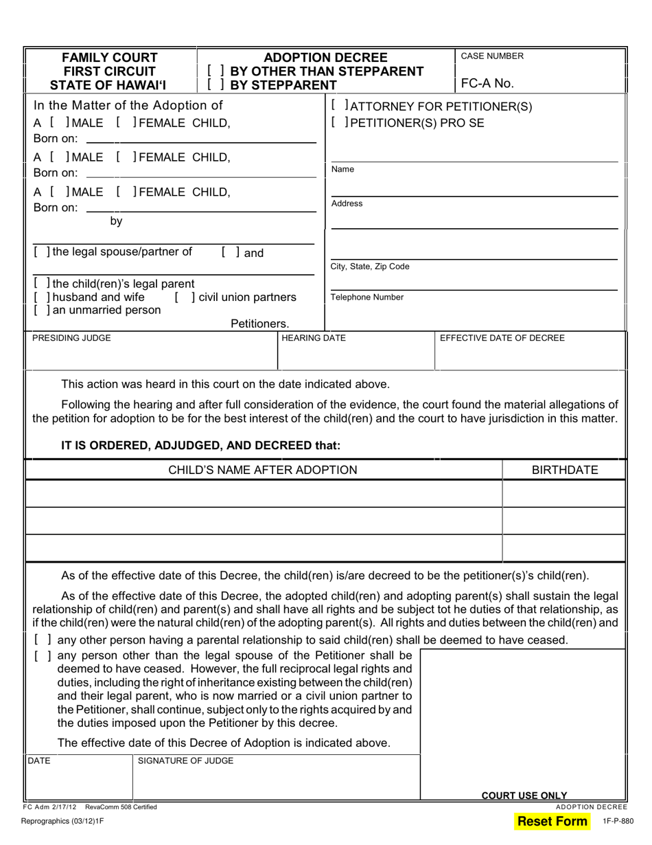 Form 1F-P-880 Adoption Decree of a Child(Ren) - Hawaii, Page 1