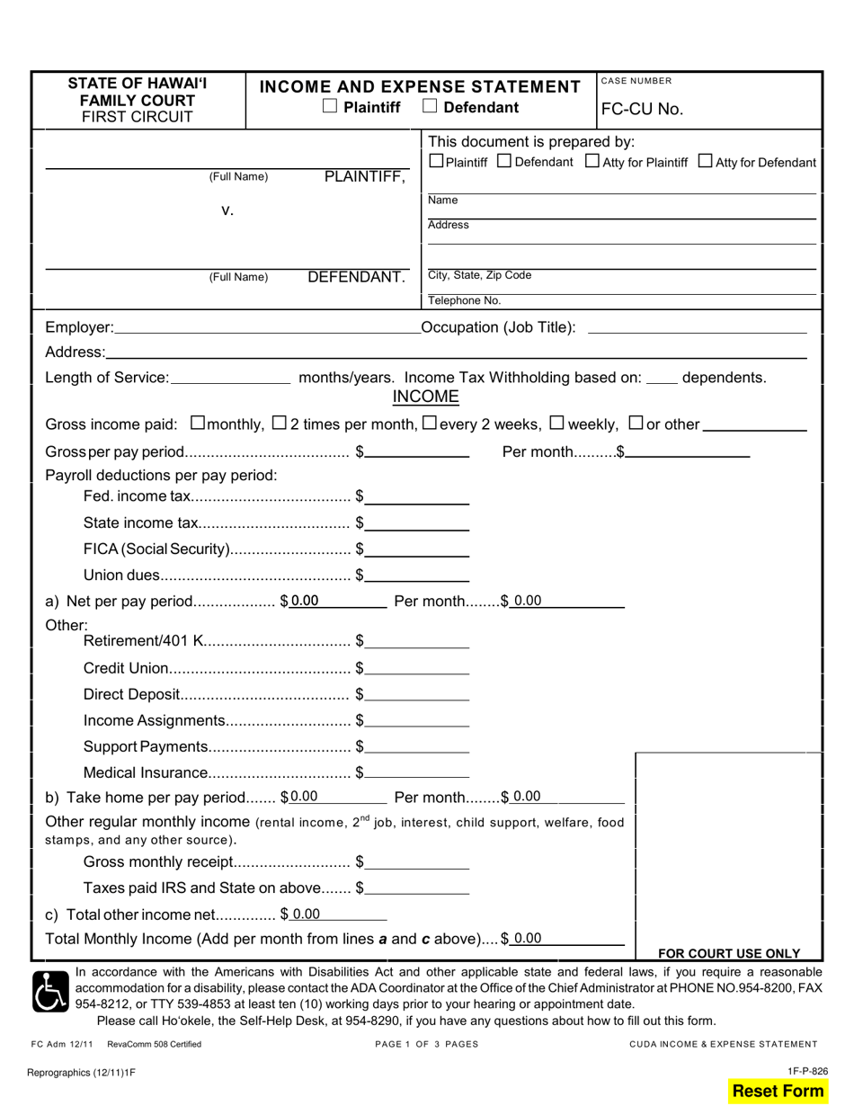 Form 1F-P-826 Income and Expense Statement - Hawaii, Page 1