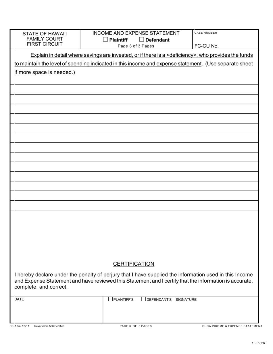 Form 1F-P-826 Income and Expense Statement - Hawaii, Page 3