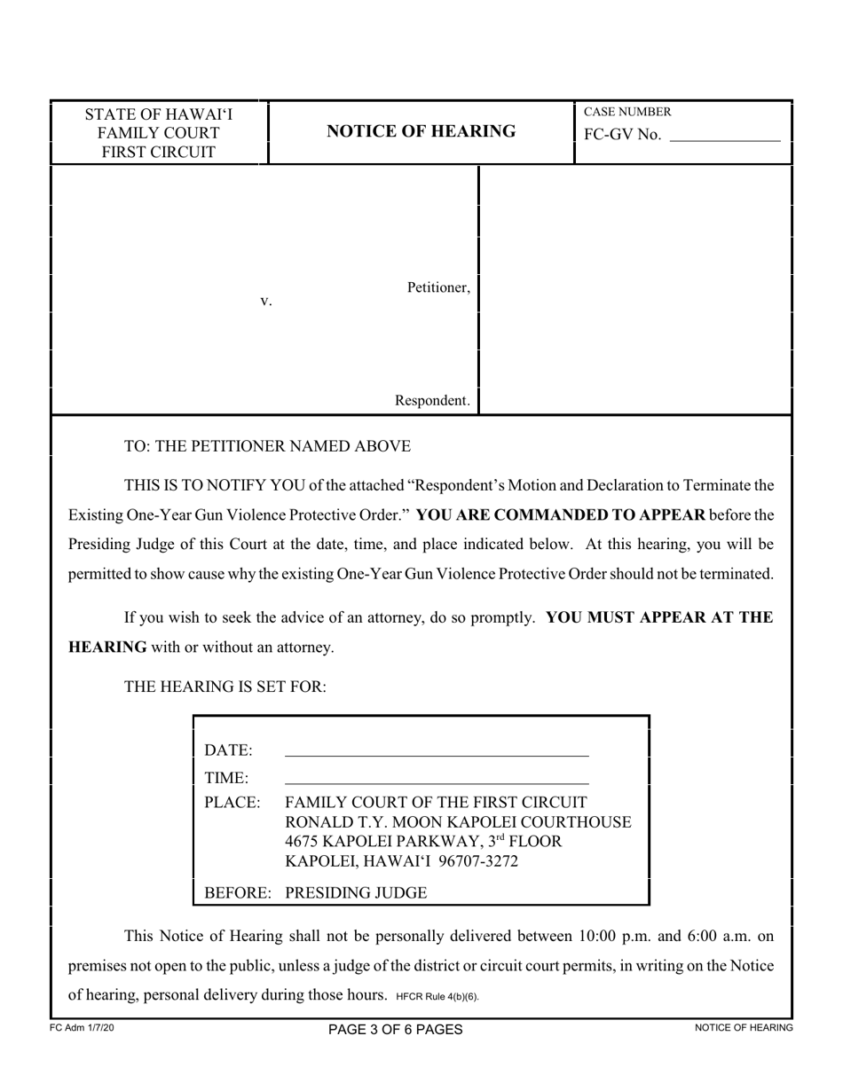 Form 1F-P-2093 Respondents Motion and Declaration to Terminate the Existing One-Year Gun Violence Protective Order; Notice of Hearing; Certificate of Service - Hawaii, Page 3