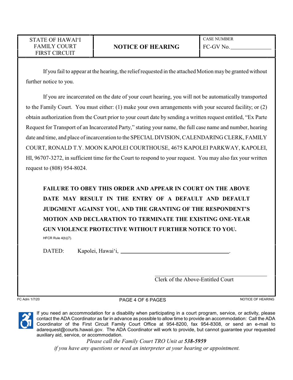 Form 1F-P-2093 Respondents Motion and Declaration to Terminate the Existing One-Year Gun Violence Protective Order; Notice of Hearing; Certificate of Service - Hawaii, Page 4