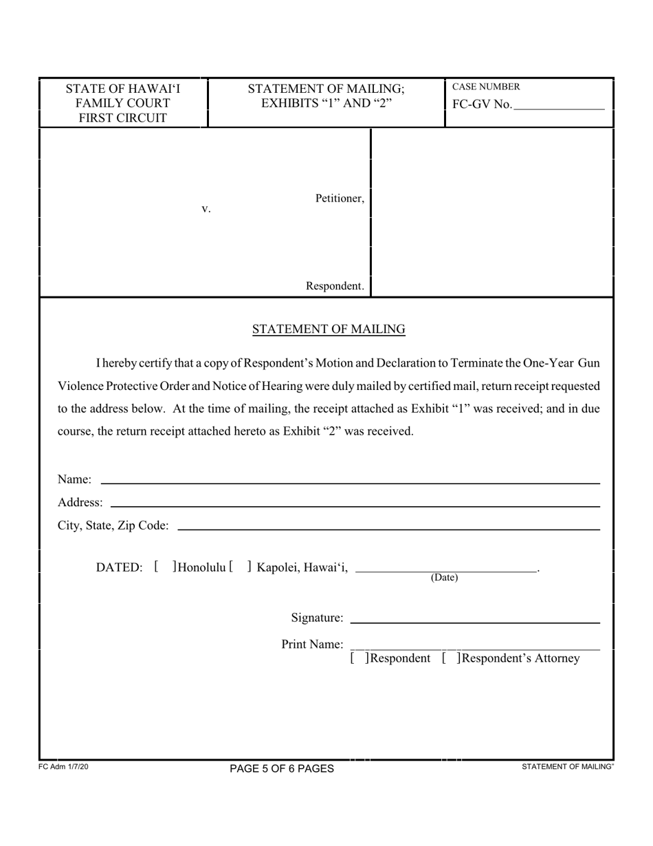 Form 1F-P-2093 Respondents Motion and Declaration to Terminate the Existing One-Year Gun Violence Protective Order; Notice of Hearing; Certificate of Service - Hawaii, Page 5