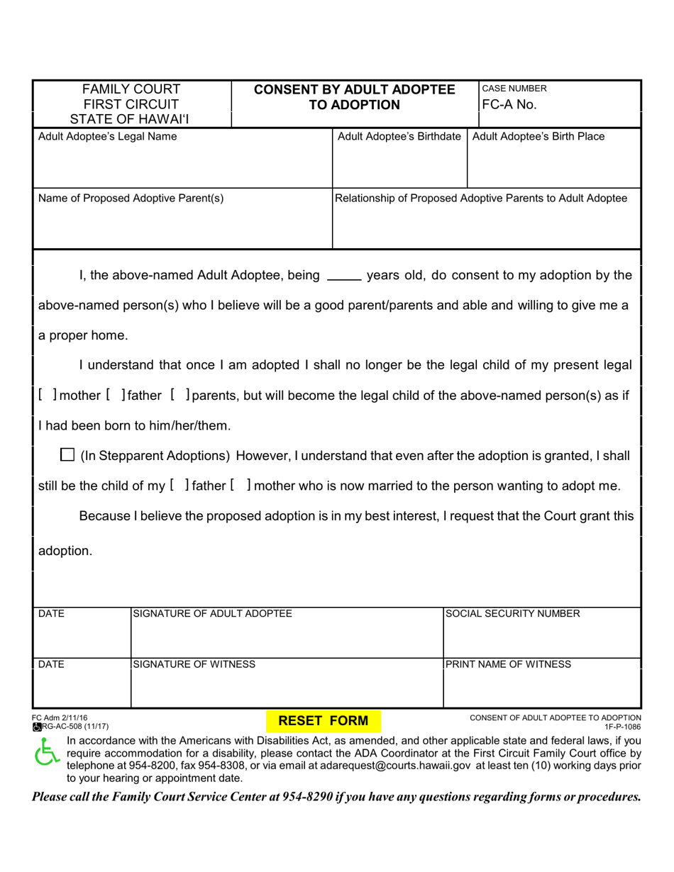 Form 1F-P-1086 Consent by Adult Adoptee to Adoption - Hawaii, Page 1
