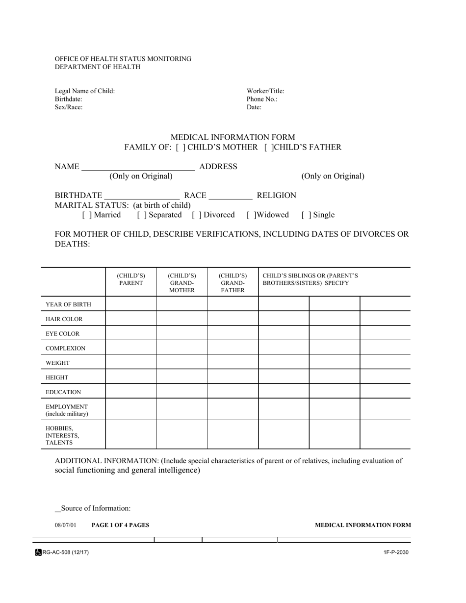 Form 1F-P-2030 Medical Information Form - Hawaii, Page 1