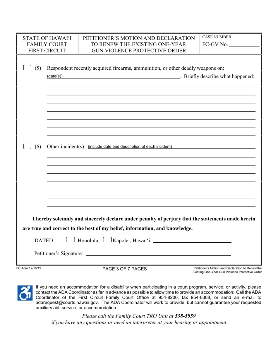 Form 1F-P-2094 Petitioners Motion and Declaration to Renew the Existing One-Year Gun Violence Protective Order; Notice of Hearing Statement of Mailing; Exhibits 1 and 2 - Hawaii, Page 3