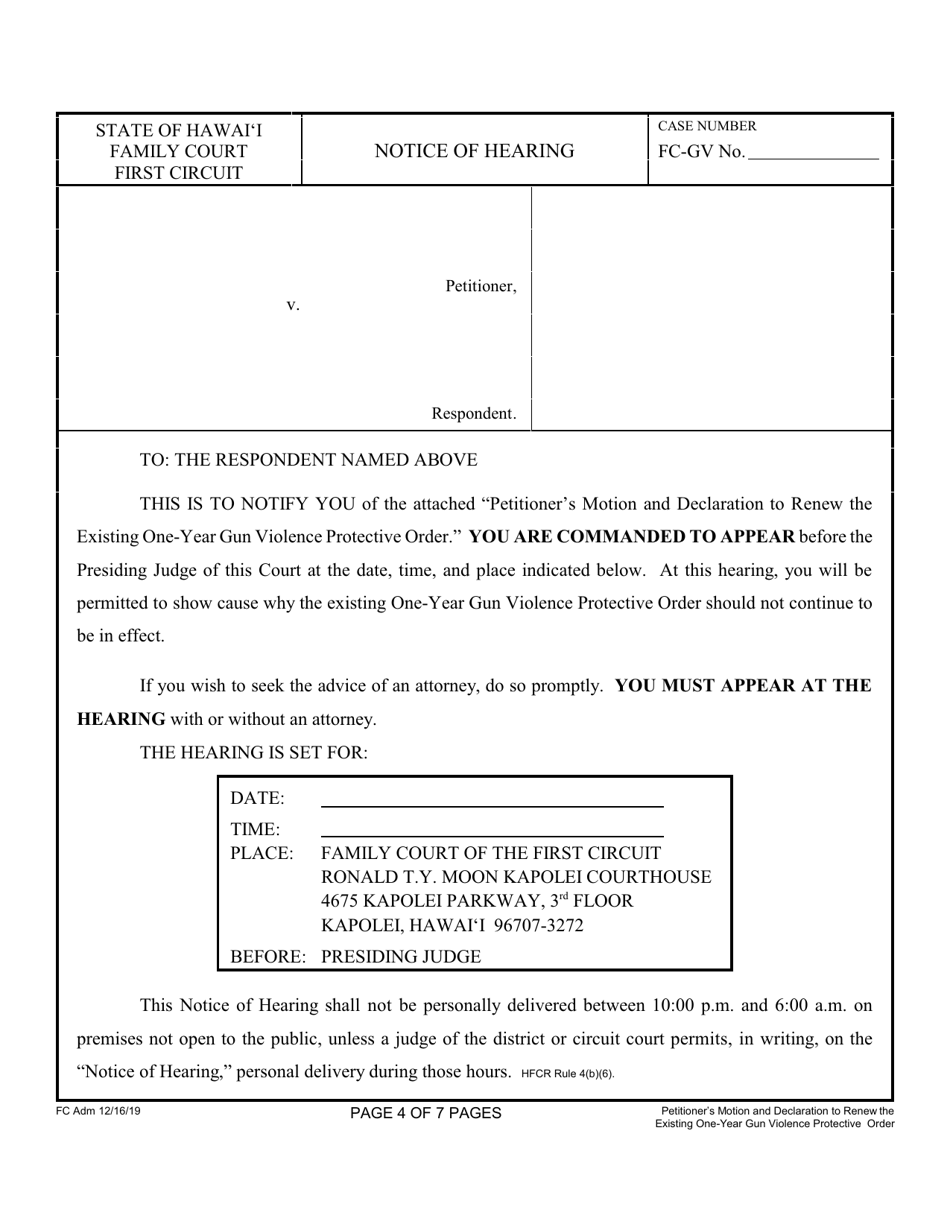 Form 1F-P-2094 Petitioners Motion and Declaration to Renew the Existing One-Year Gun Violence Protective Order; Notice of Hearing Statement of Mailing; Exhibits 1 and 2 - Hawaii, Page 4
