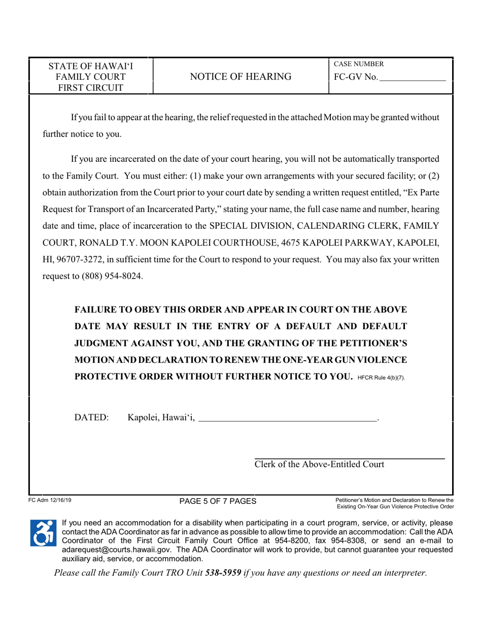Form 1F-P-2094 Petitioners Motion and Declaration to Renew the Existing One-Year Gun Violence Protective Order; Notice of Hearing Statement of Mailing; Exhibits 1 and 2 - Hawaii, Page 5