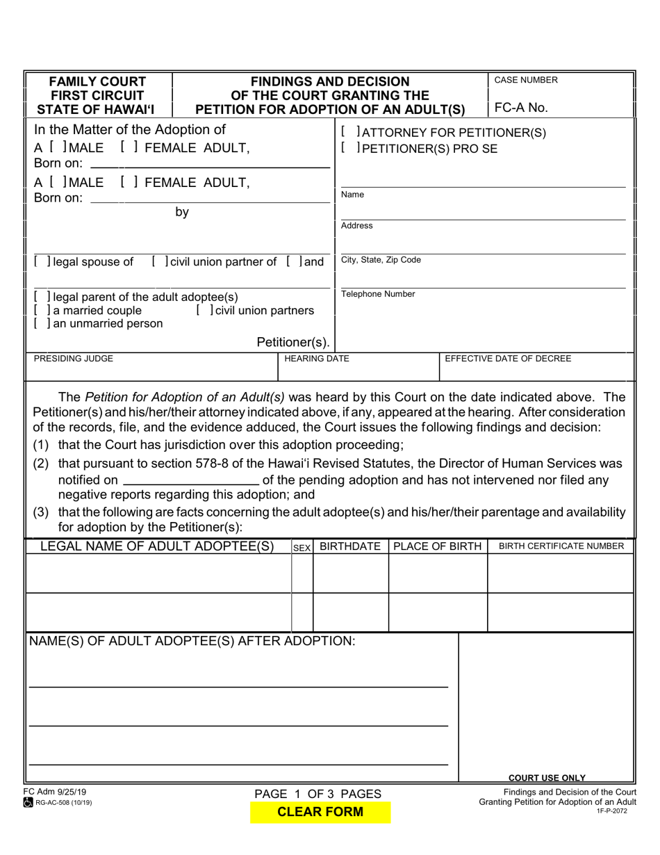 Form 1F-P-2072 Findings and Decision of the Court Granting the Petition for Adoption of an Adult(S) - Hawaii, Page 1