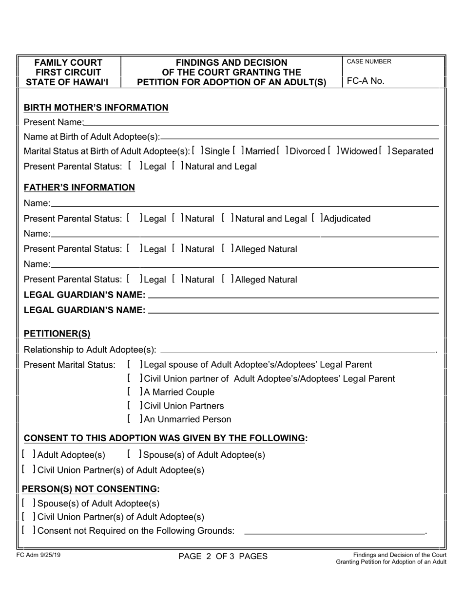 Form 1F-P-2072 Findings and Decision of the Court Granting the Petition for Adoption of an Adult(S) - Hawaii, Page 2