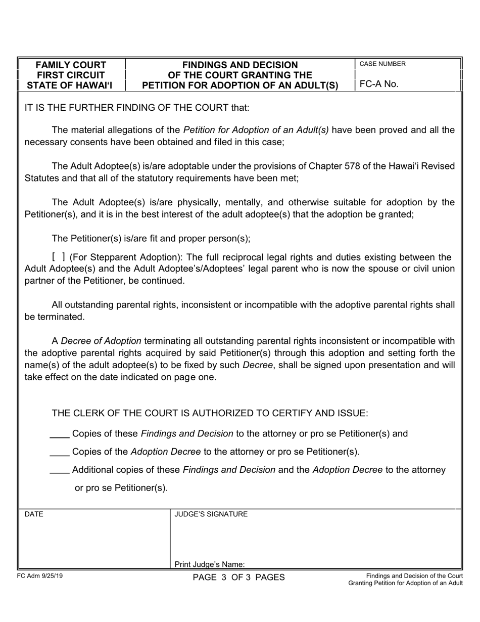 Form 1F-P-2072 Findings and Decision of the Court Granting the Petition for Adoption of an Adult(S) - Hawaii, Page 3