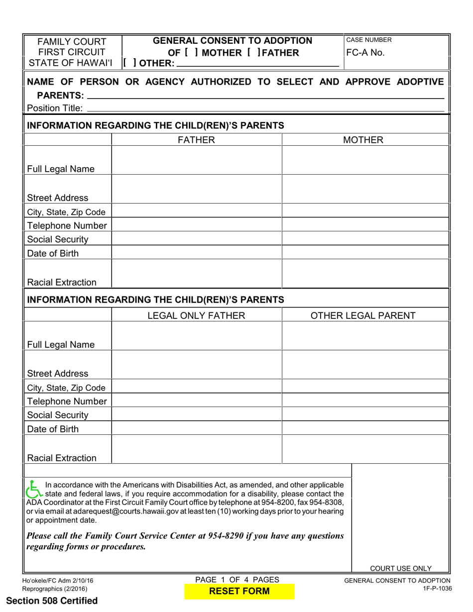 Form 1F-P-1036 General Consent to Adoption - Hawaii, Page 1