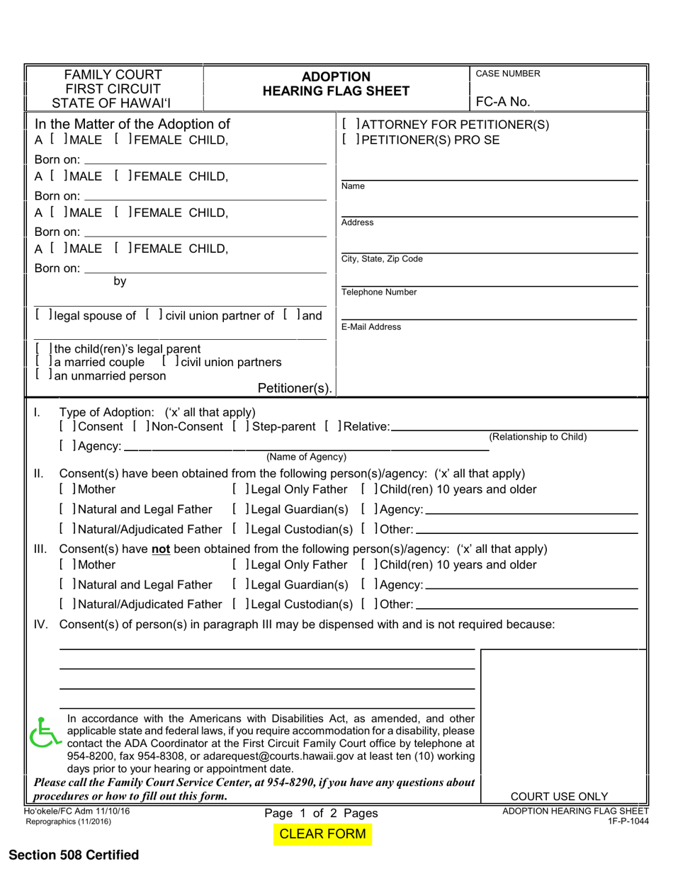 Form 1F-P-1044 Adoption Hearing Flag Sheet - Hawaii, Page 1