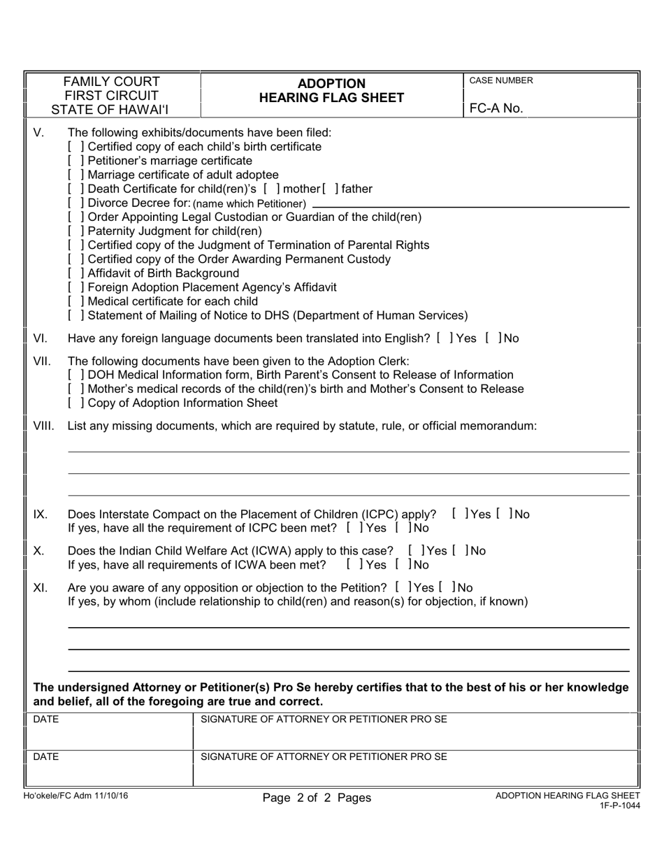 Form 1F-P-1044 Adoption Hearing Flag Sheet - Hawaii, Page 2