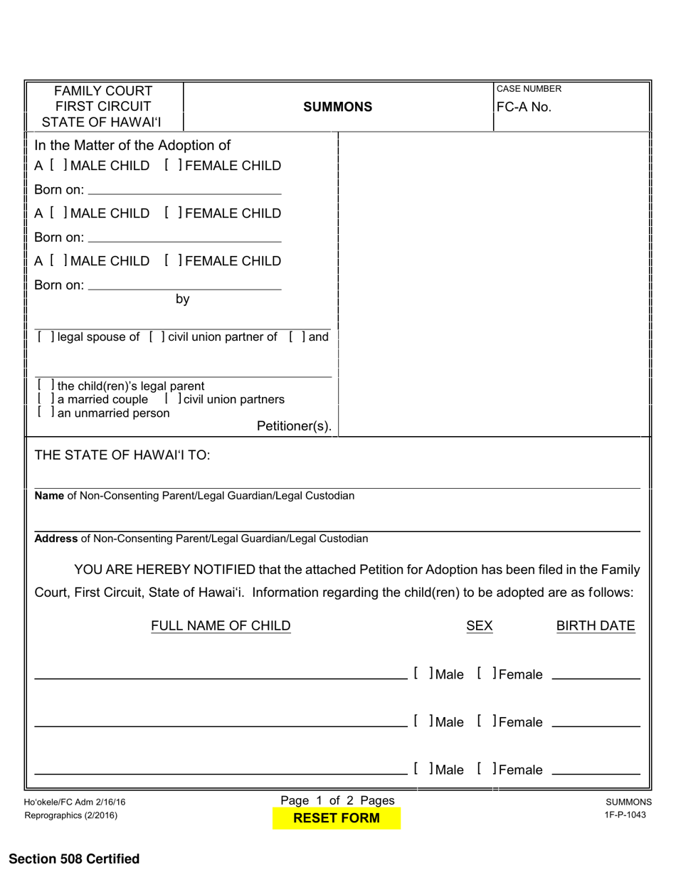 Form 1F-P-1043 Summons - Hawaii, Page 1