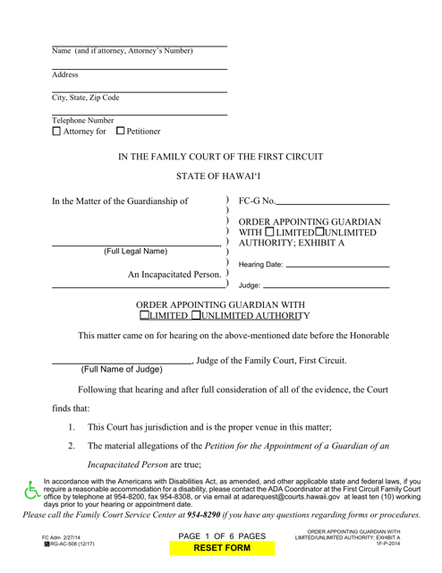 Form 1F-P-2014 Order Appointing Guardian With Limited/Unlimited Authority - Hawaii
