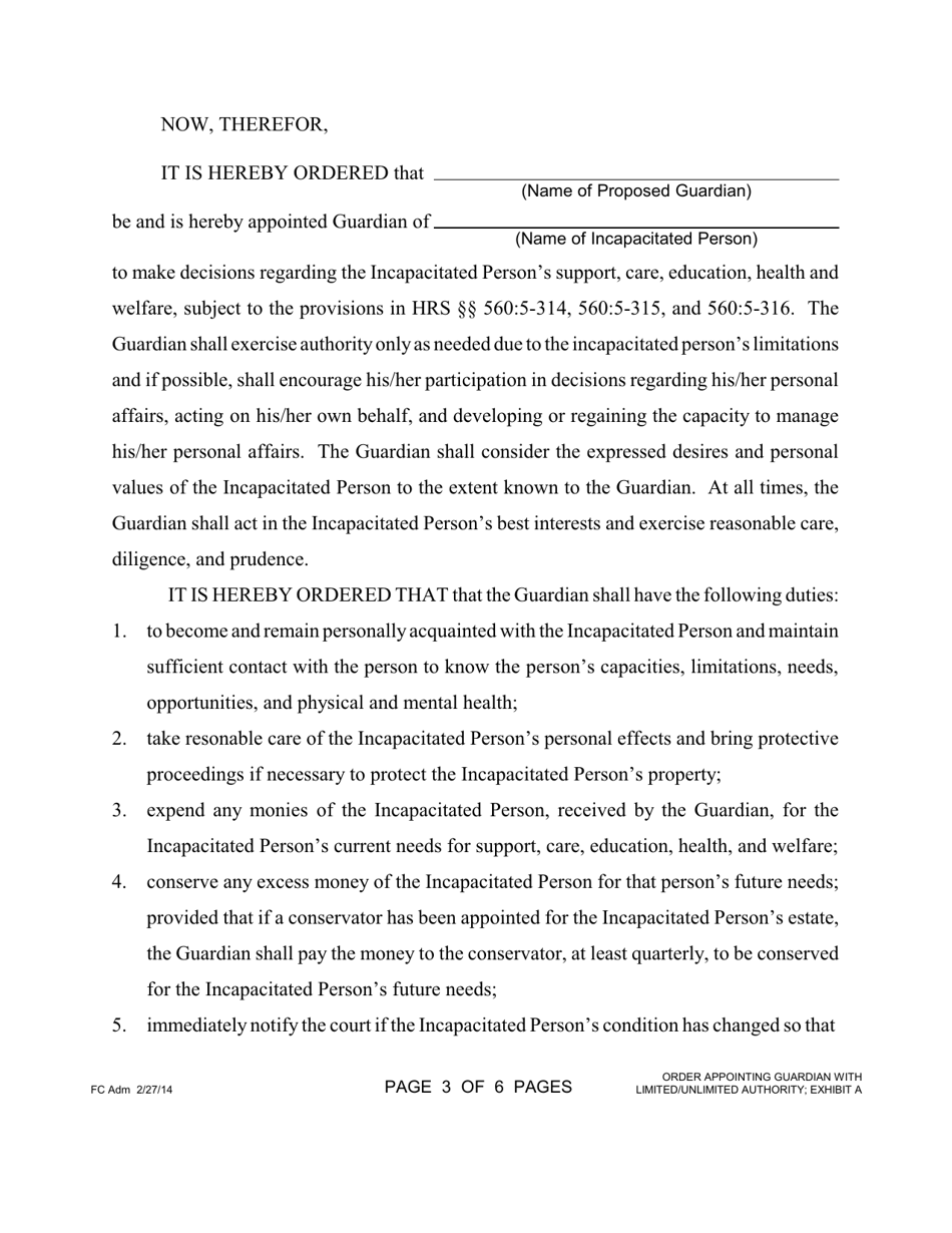Form 1F-P-2014 Order Appointing Guardian With Limited / Unlimited Authority - Hawaii, Page 3
