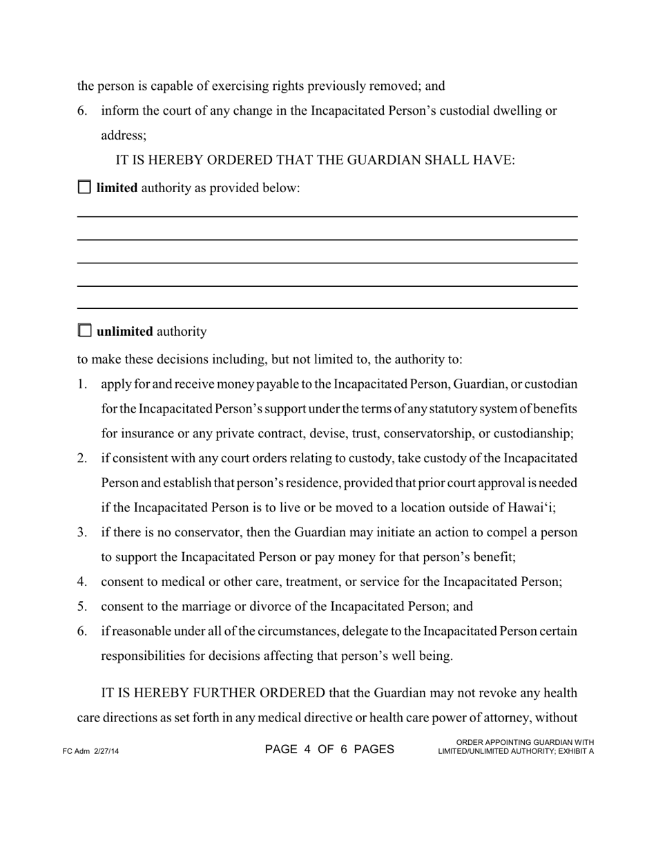 Form 1F-P-2014 Order Appointing Guardian With Limited / Unlimited Authority - Hawaii, Page 4