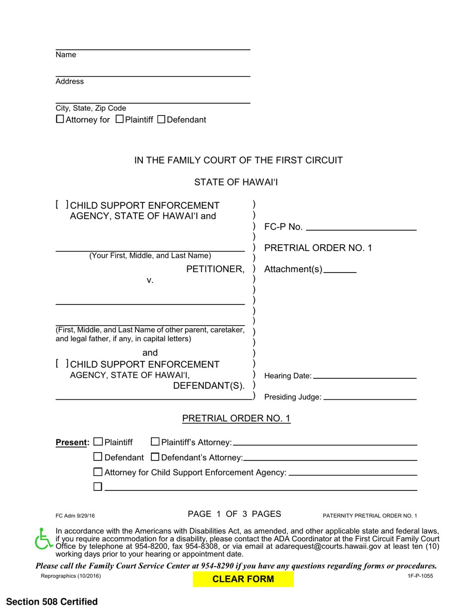Form 1F-P-1055 Pretrial Order No. 1 - Hawaii, Page 1