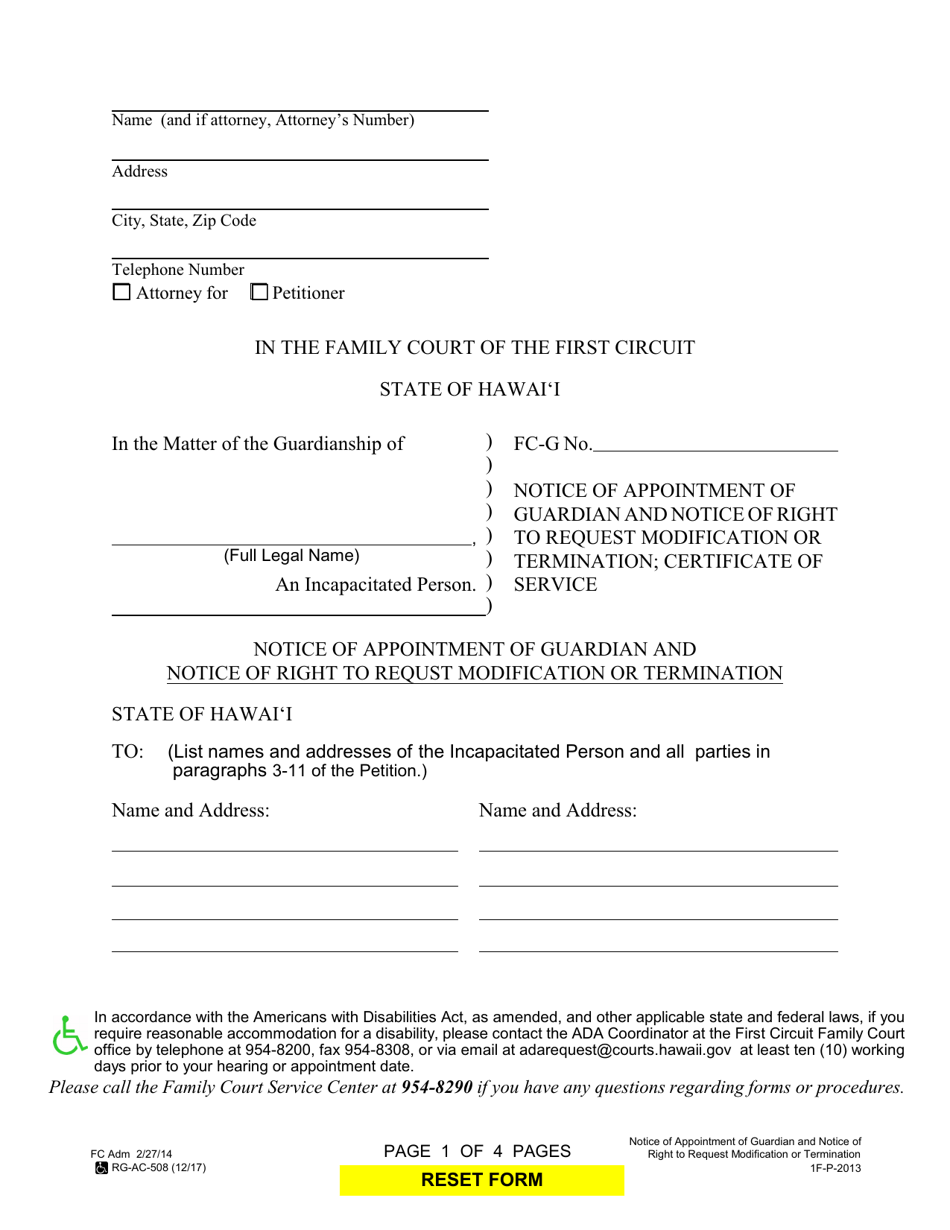 Form 1F-P-2013 Notice of Appointment of Guardian and Notice of Right to Requst Modification or Termination; Certificate of Service - Hawaii, Page 1