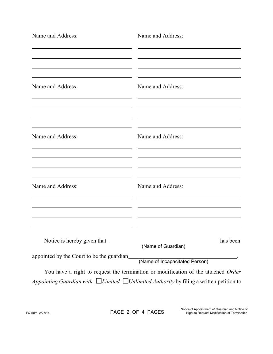 Form 1F-P-2013 Notice of Appointment of Guardian and Notice of Right to Requst Modification or Termination; Certificate of Service - Hawaii, Page 2