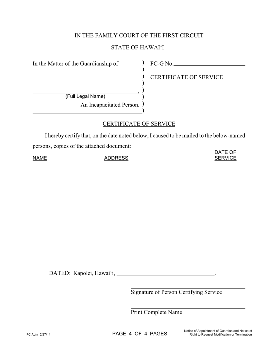 Form 1F-P-2013 Notice of Appointment of Guardian and Notice of Right to Requst Modification or Termination; Certificate of Service - Hawaii, Page 4