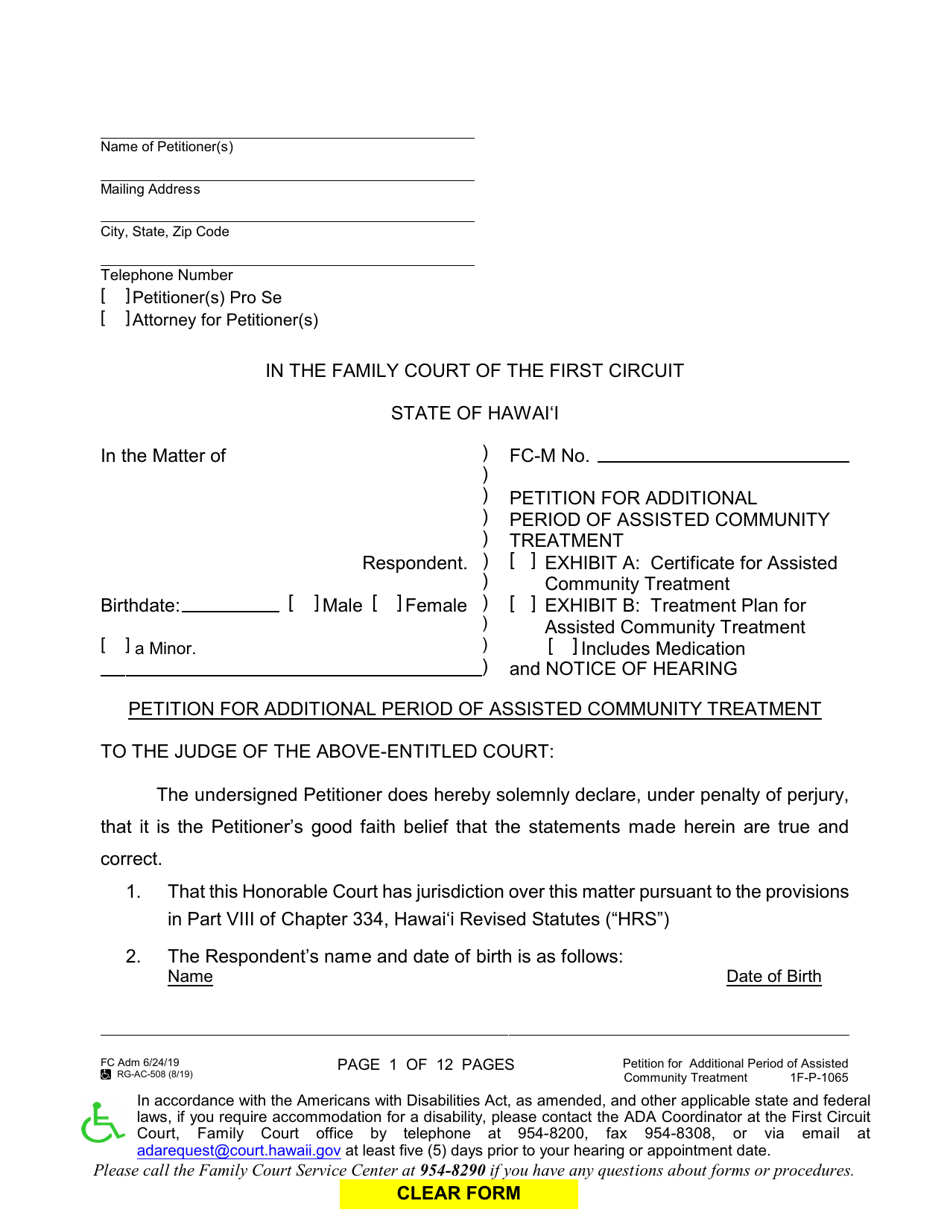 Form 1F-P-1065 Petition for Additional Period of Assisted Community Treatment - Hawaii, Page 1